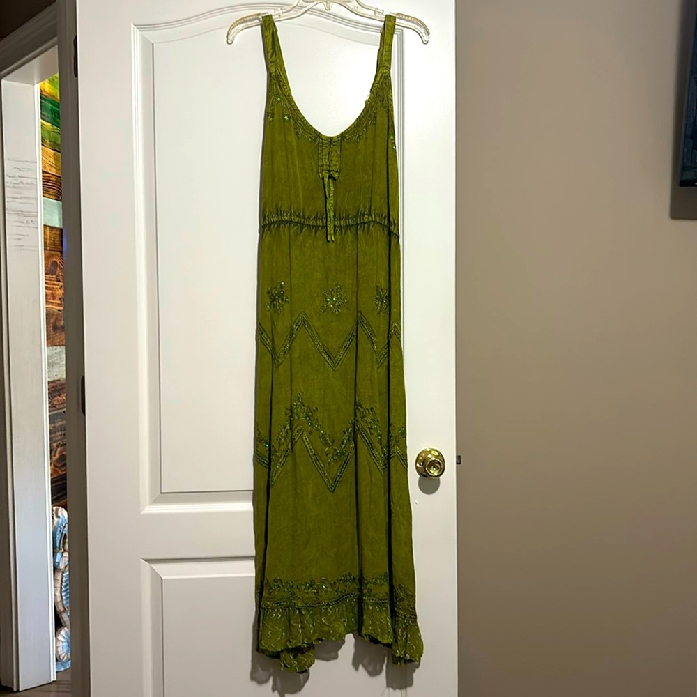 Chic Olive Embroidered Maxi Adjustable Spaghetti Strap Sundress One Size